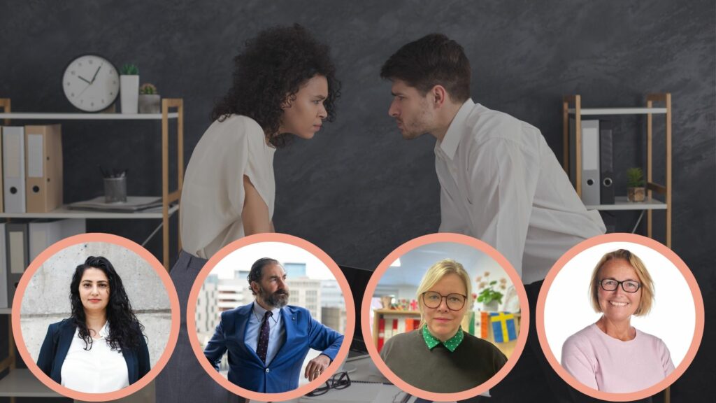 Bilder på finalisterna i Årets konflikthanterare: Tawar Dabaghi, generalsekreterare på RFSL, Mario E. Moroni, krögare på La Tour/Pontus Group, Camilla Narvehed, biträdande rektor på Praktiska Gymnasiet i Liljeholmen och Anneli Åström, vd på Carelli Assistans.