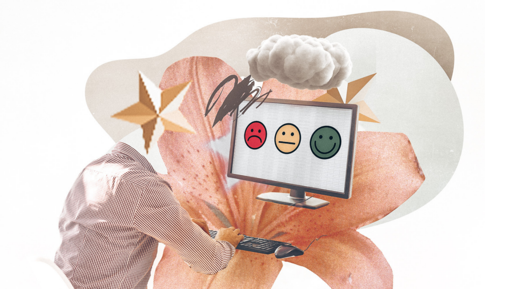 Illustration, collage med dator med en glad, en ledsen figur och en figur i mitten som är varken eller.